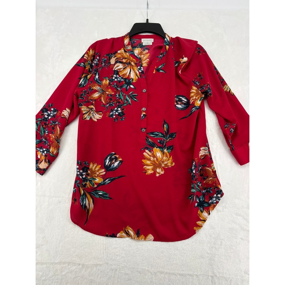 Van‎ Heusen Blouse Womens M Top Red Floral Split Neck 3/4 Sleeve Button Front